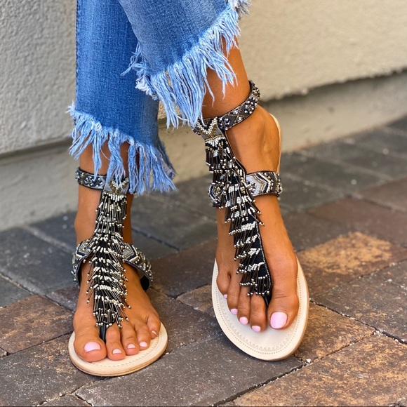 Leather Hand Beaded Gladiator T Strap Sandals - Picture 8 of 14